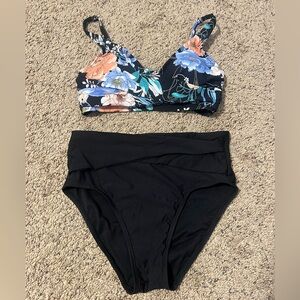Freshwater Floral Print Black High-Waist Bikini Set